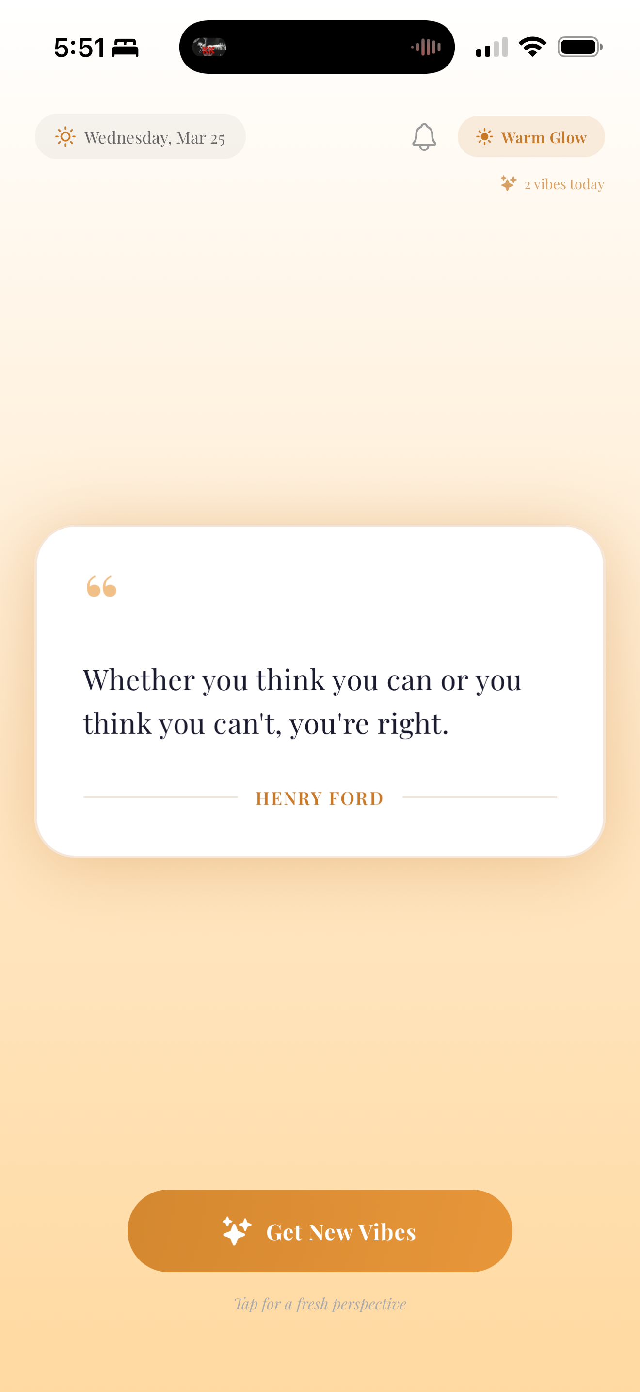 Daily Vibes app — Warm Glow theme showing a Henry Ford quote on a golden peach background