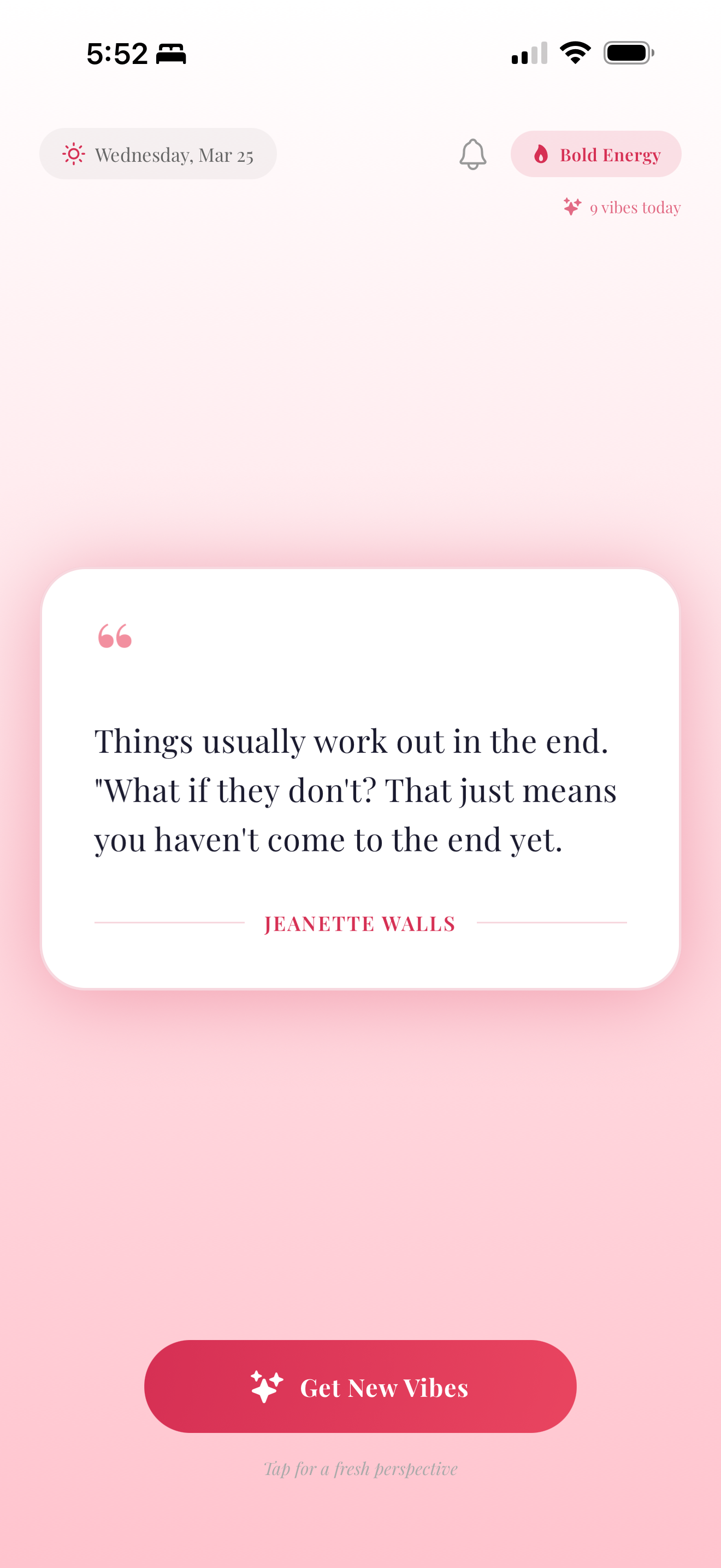 Bold Energy theme — soft pink gradient with Jeanette Walls quote